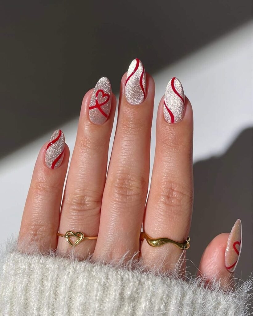 Silver sparkle and red swirls