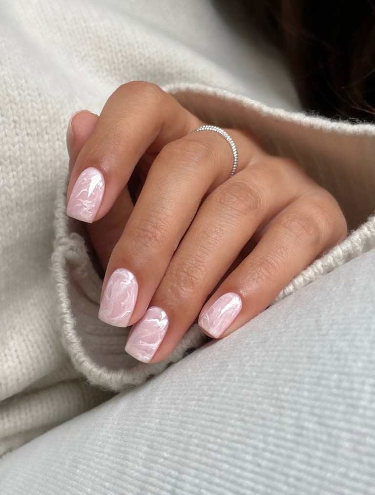 Veined Pink Marble Almond Nails