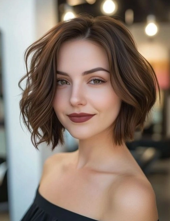 Wavy Auburn Bob with an Off Shoulder Look
