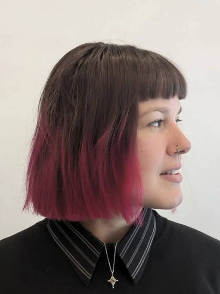 Blunt Chocolate Bob with Raspberry Ombre and Micro Bangs