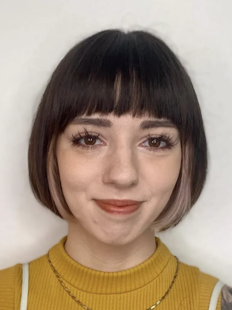 Blunt Dark Chocolate Bob with Micro Bangs and Highlights