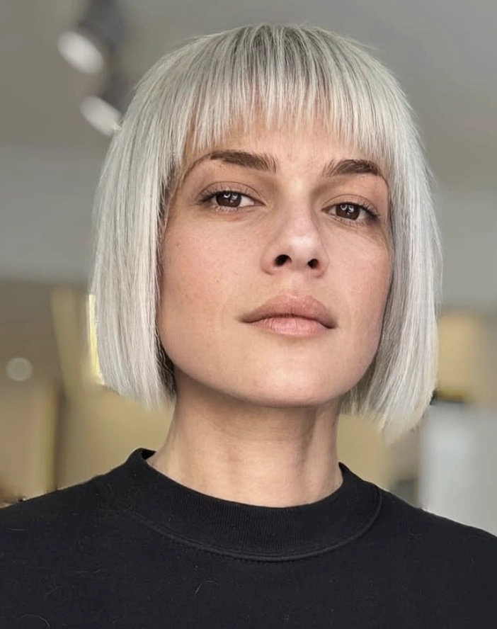 Blunt Silver Bob with Straight Bangs