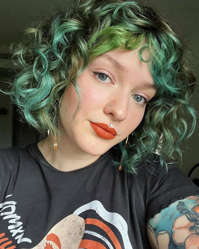 Curly Green Bob with Micro Bangs