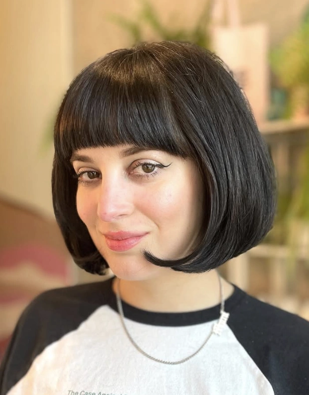 Rounded Black Bob with Blunt Bangs