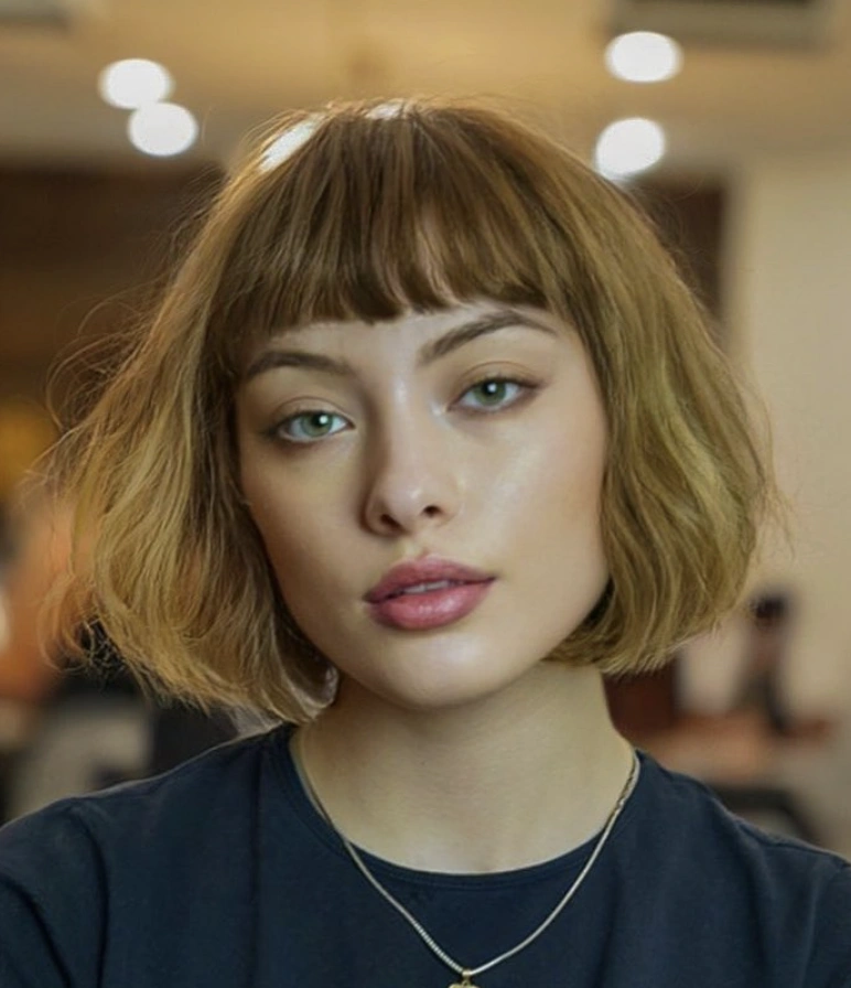 Shaggy Honey Blonde Bob with Blunt Bangs