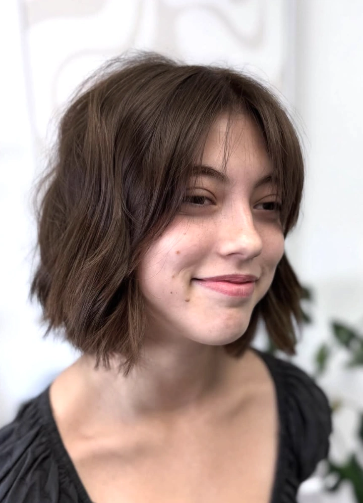 Wavy Chocolate Brown Bob with Face Framing Bangs